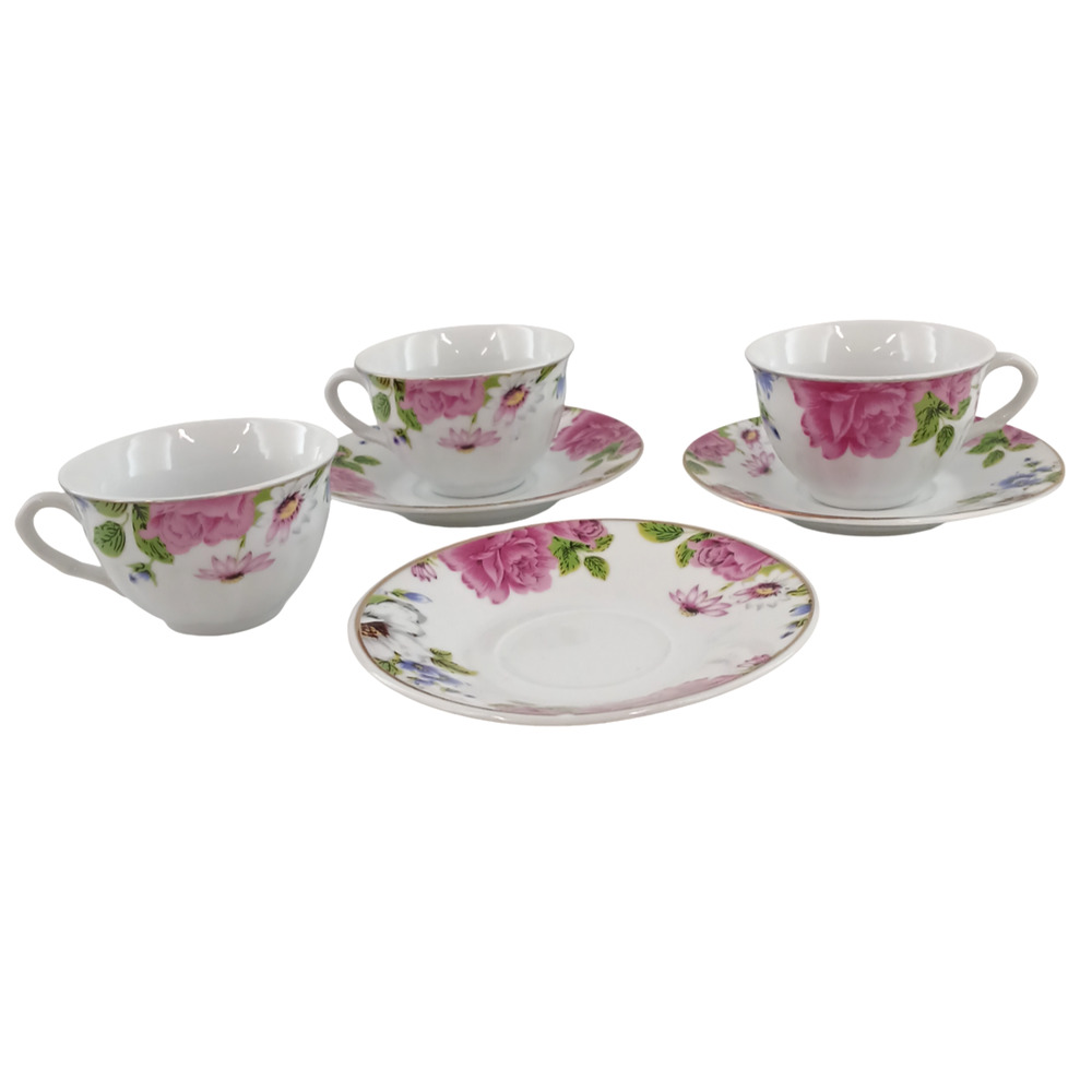 Lot of 3 Sets Xin Ye Gao Ji Tao Ci Floral Rose Design Tea Cup & Saucer Japan